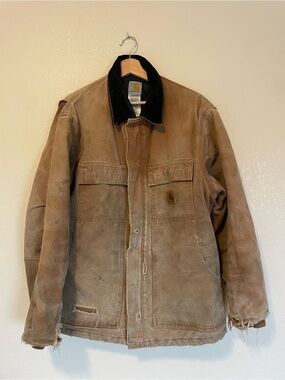 Carhartt Tan Brown Duck Canvas Jacket with Black Corduroy Collar